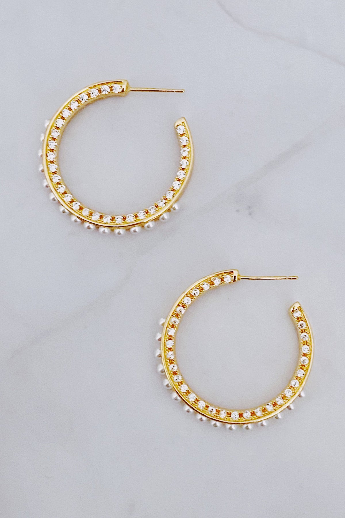 18K Gold Plated Pearl & CZ Hoop Earrings