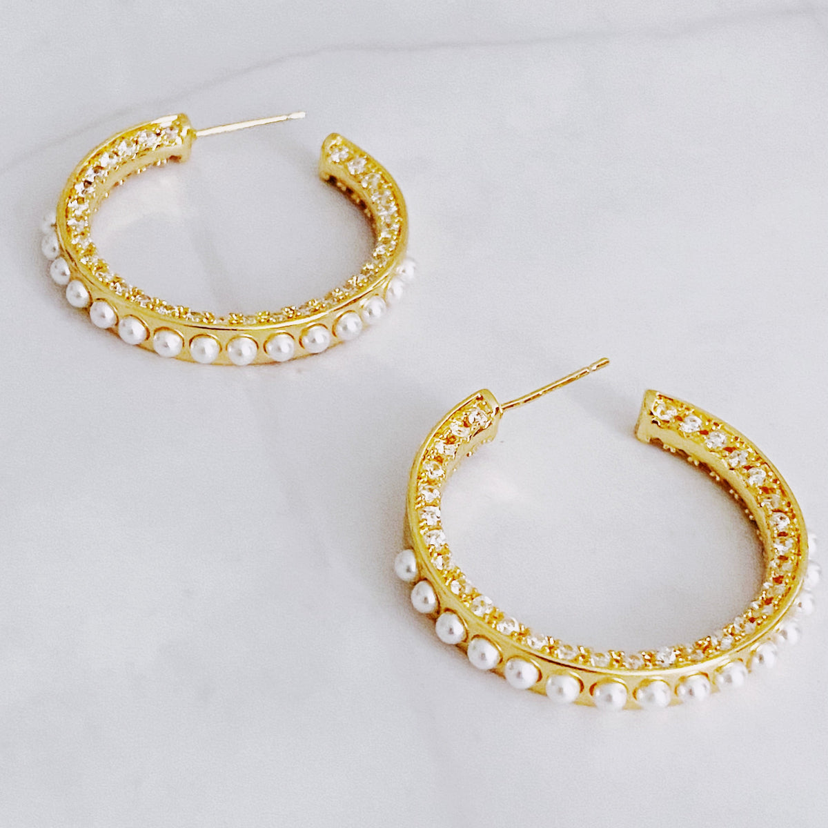 18K Gold Plated Pearl & CZ Hoop Earrings