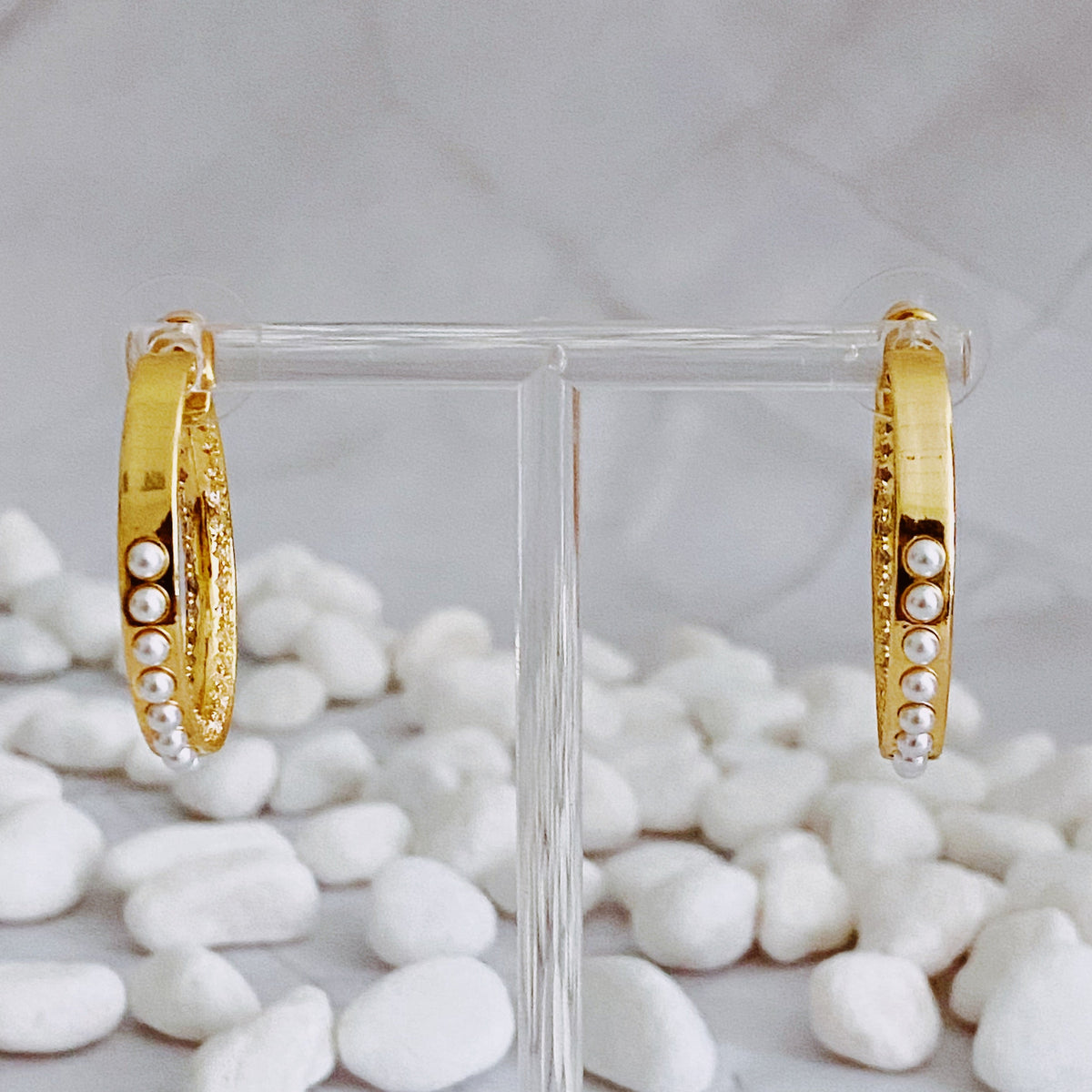 18K Gold Plated Pearl & CZ Hoop Earrings