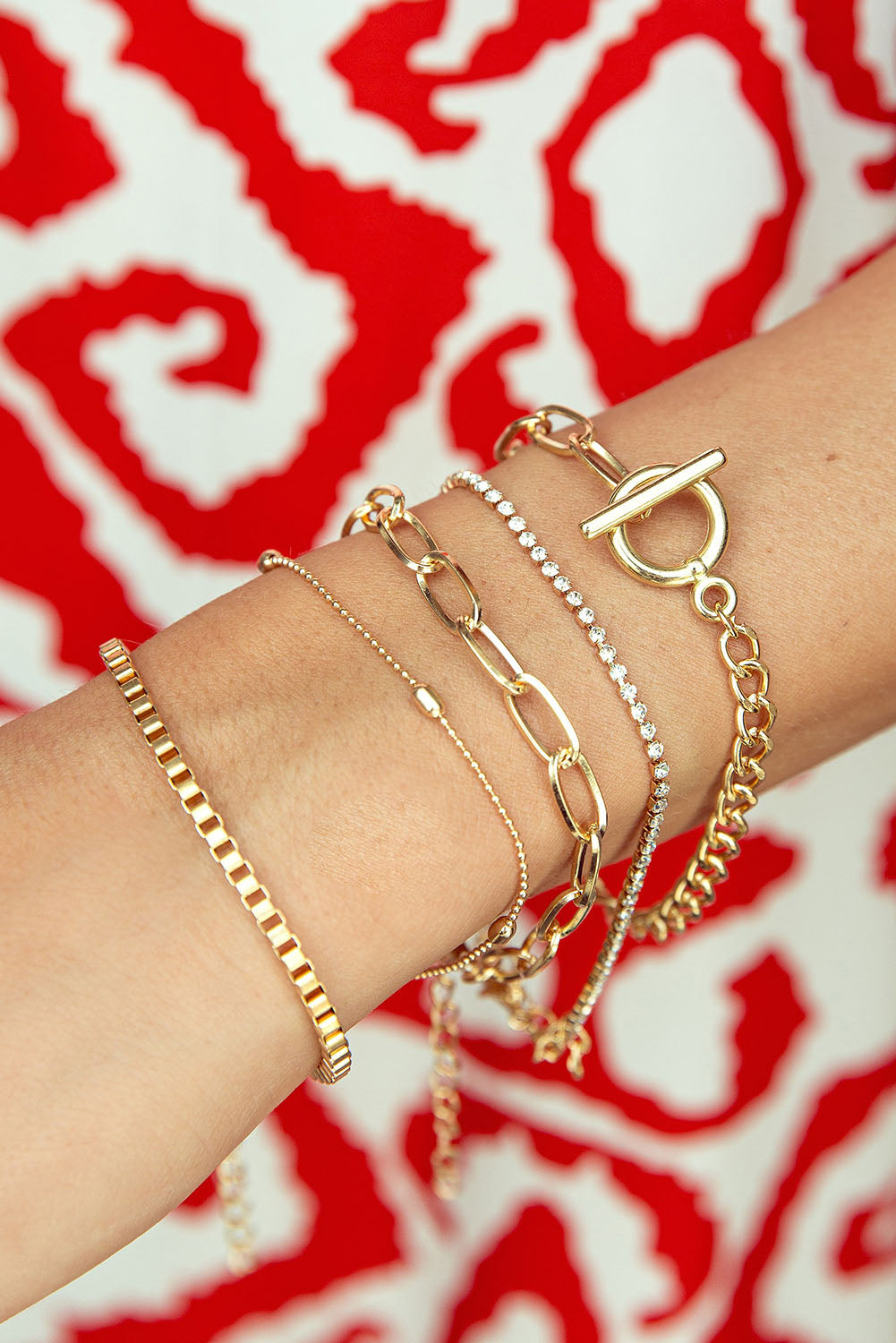 Gold Rhinestone Bracelet Set – 5 Piece Geometric Layered Stack