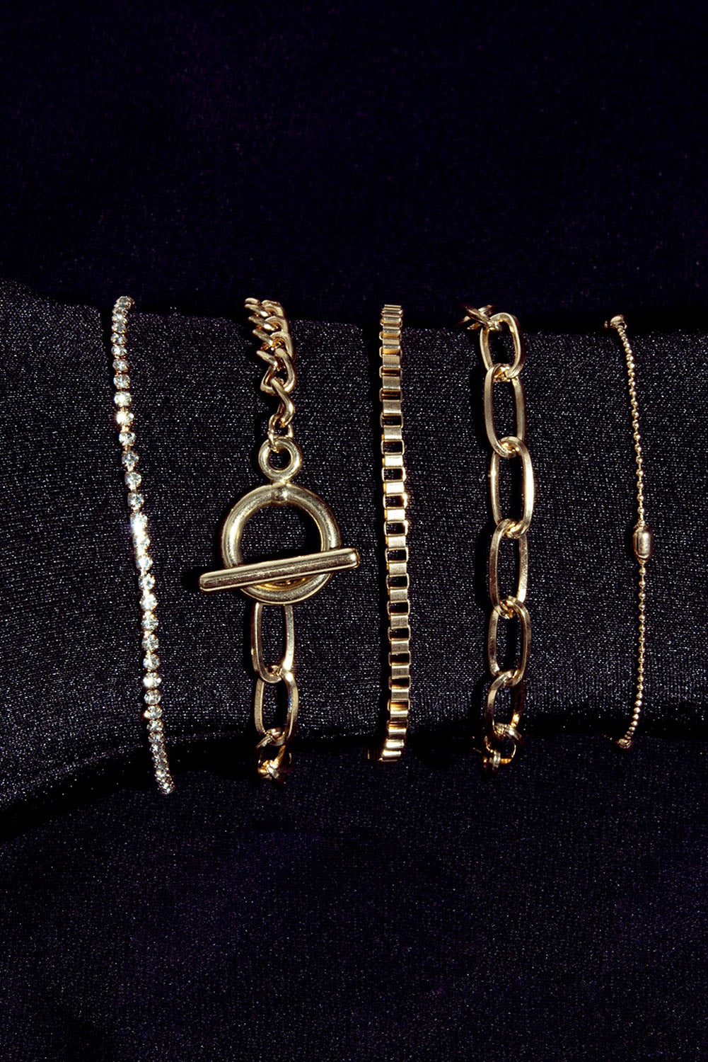 Gold Rhinestone Bracelet Set – 5 Piece Geometric Layered Stack
