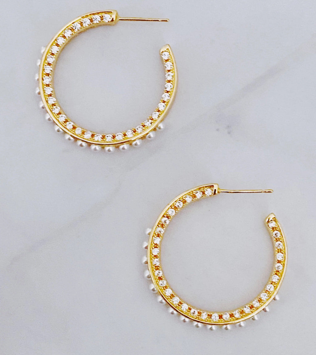 18K Gold Plated Pearl & CZ Hoop Earrings