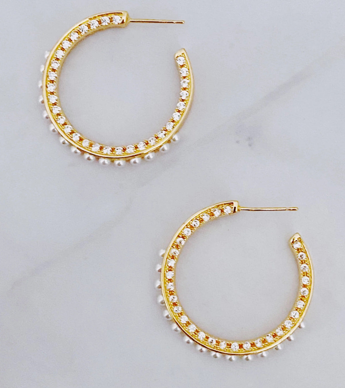 18K Gold Plated Pearl & CZ Hoop Earrings