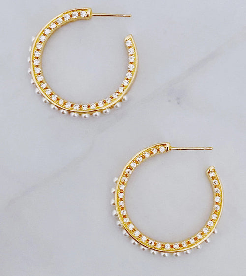18K Gold Plated Pearl & CZ Hoop Earrings