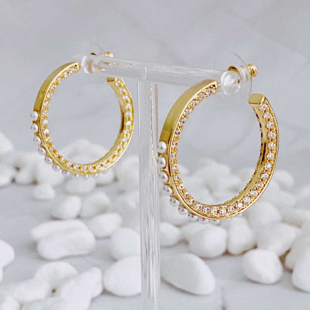 18K Gold Plated Pearl & CZ Hoop Earrings