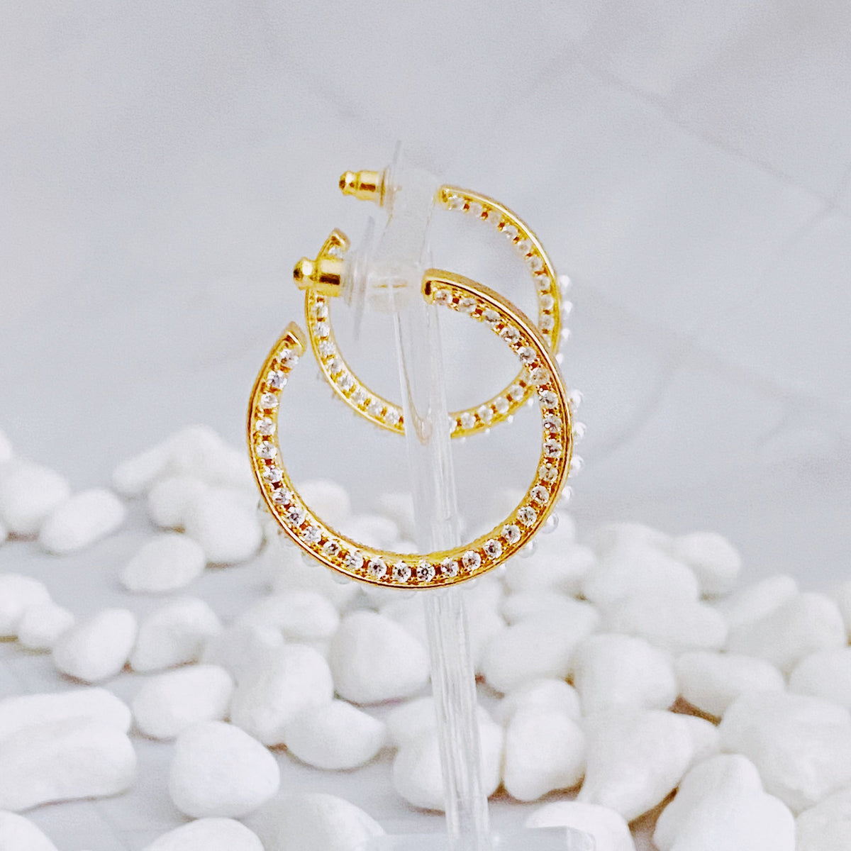 18K Gold Plated Pearl & CZ Hoop Earrings