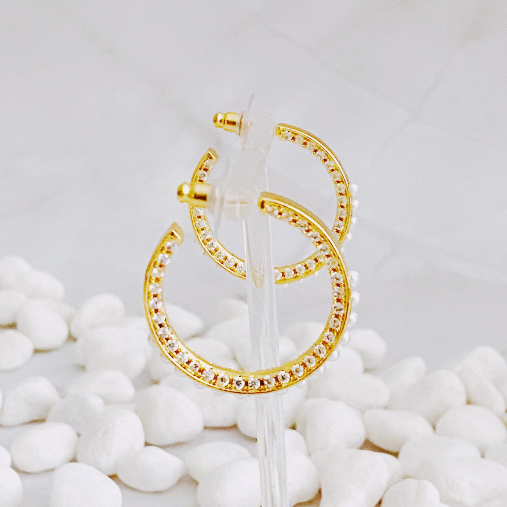 18K Gold Plated Pearl & CZ Hoop Earrings