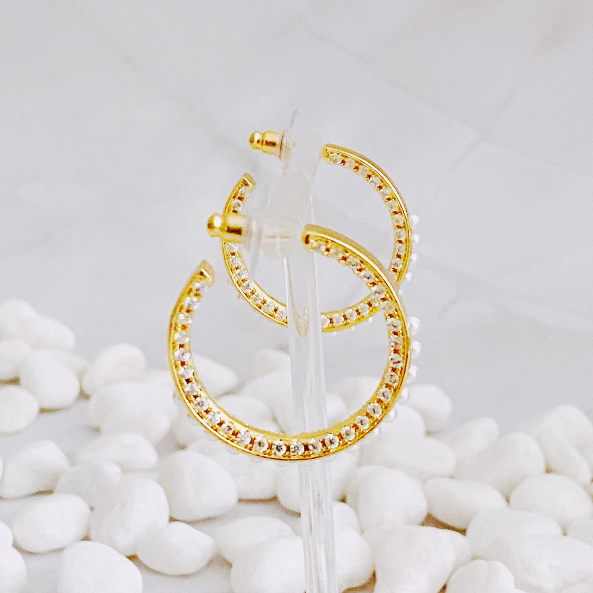 18K Gold Plated Pearl & CZ Hoop Earrings
