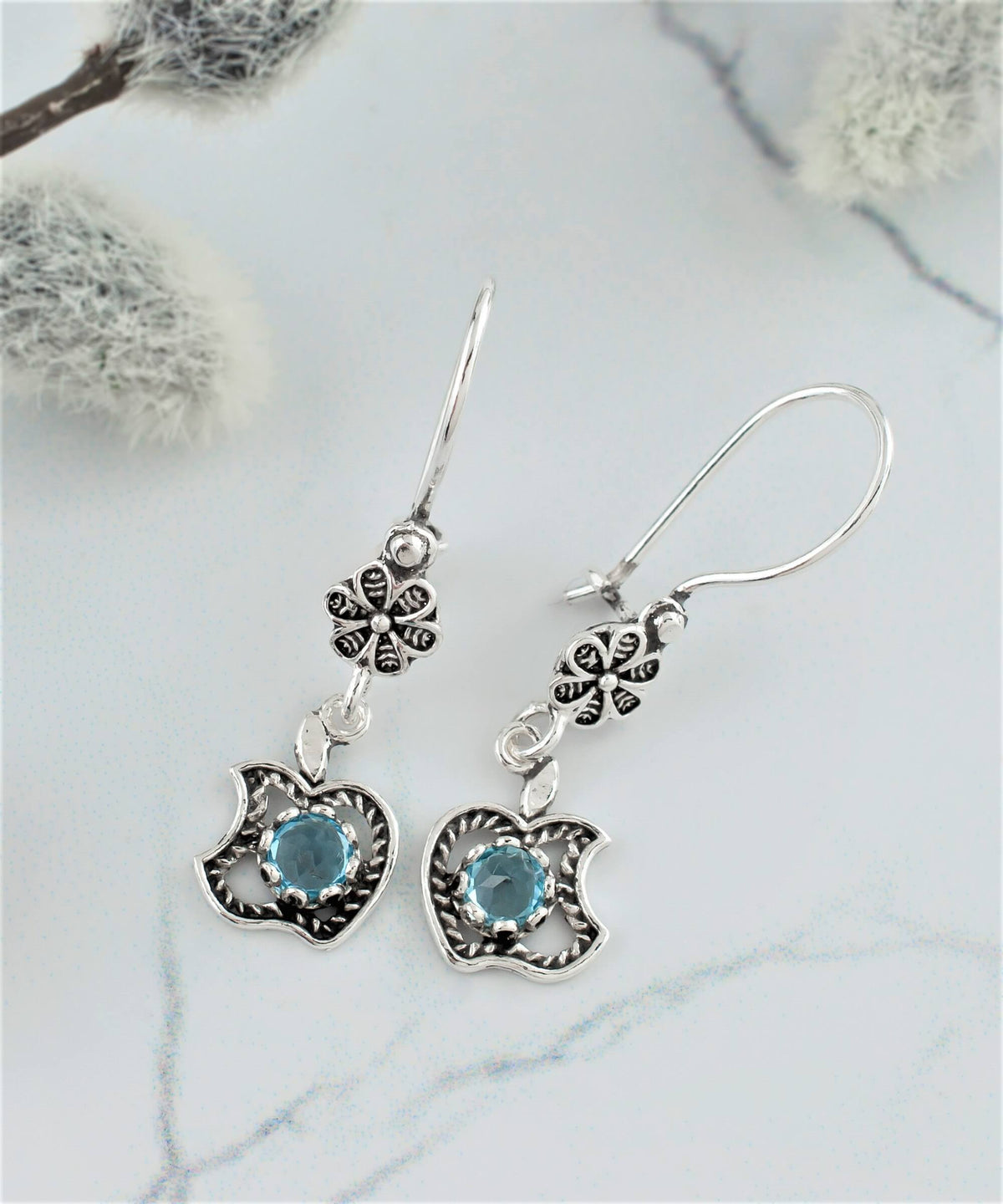 Sterling Silver Apple Filigree Dangle Earrings – Gemstone Choice