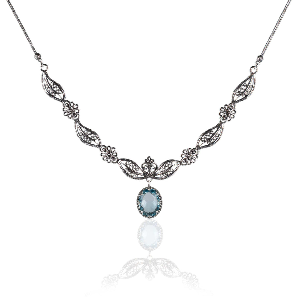 Sterling Silver Blue Topaz Filigree Necklace – Paisley Design