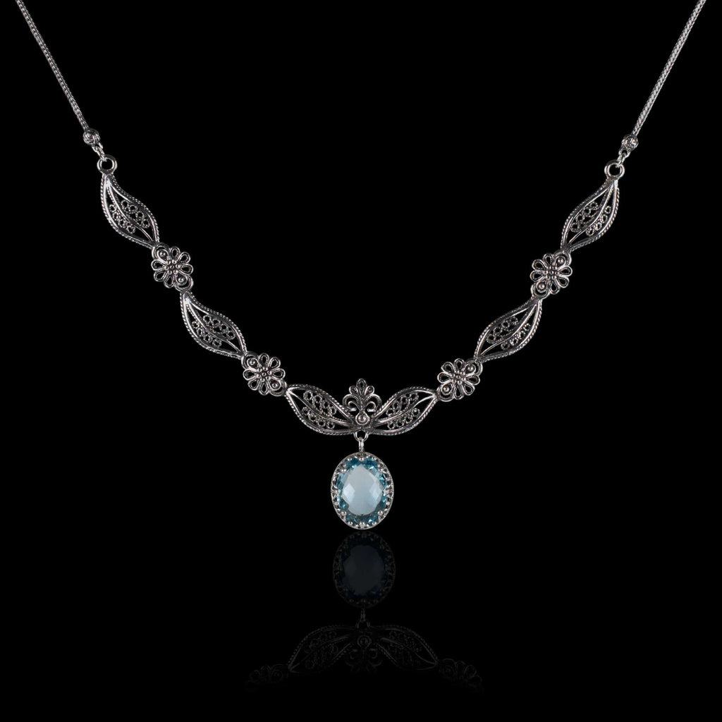 Sterling Silver Blue Topaz Filigree Necklace – Paisley Design
