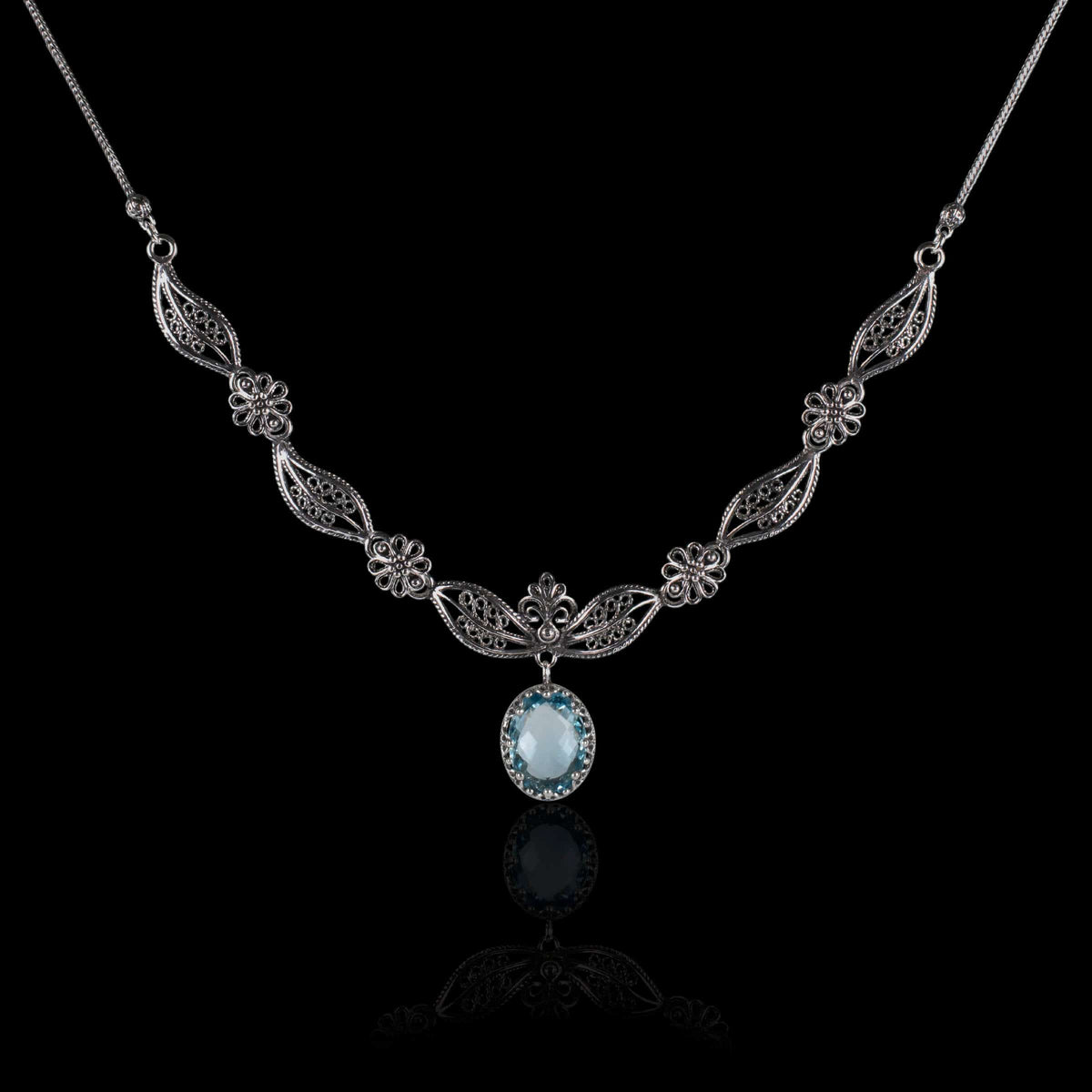 Sterling Silver Blue Topaz Filigree Necklace – Paisley Design