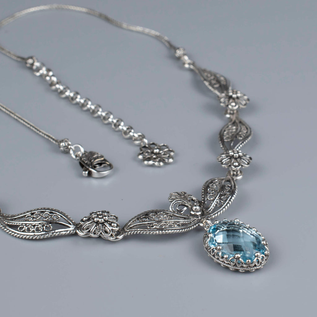 Sterling Silver Blue Topaz Filigree Necklace – Paisley Design