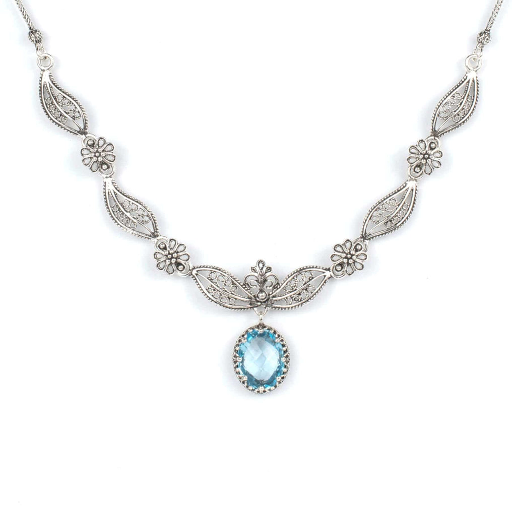 Sterling Silver Blue Topaz Filigree Necklace – Paisley Design