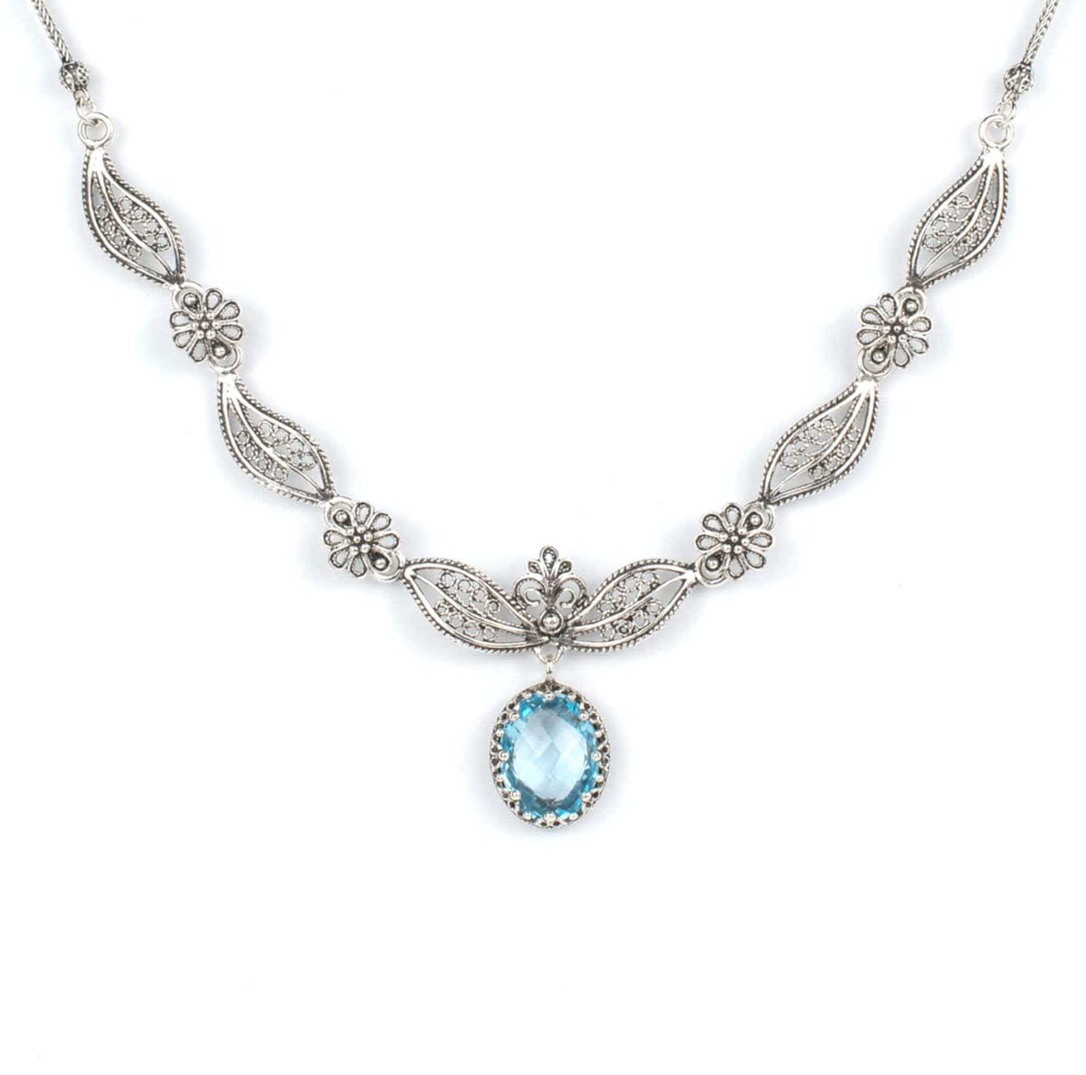 Sterling Silver Blue Topaz Filigree Necklace – Paisley Design