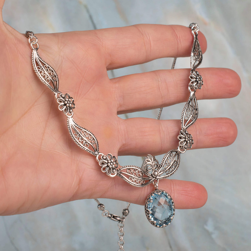 Sterling Silver Blue Topaz Filigree Necklace – Paisley Design