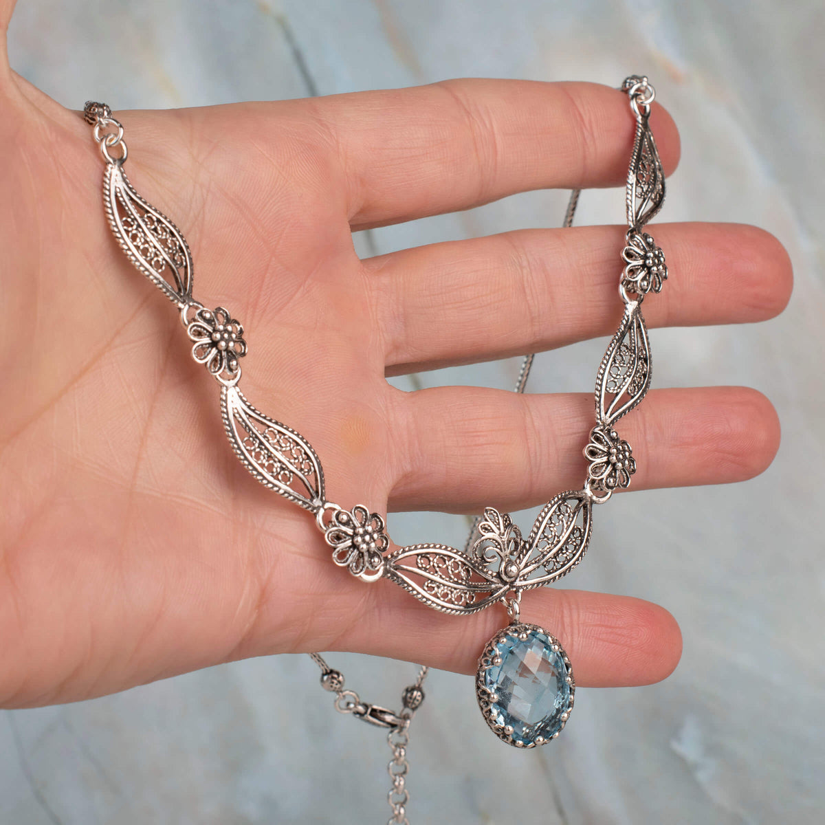 Sterling Silver Blue Topaz Filigree Necklace – Paisley Design