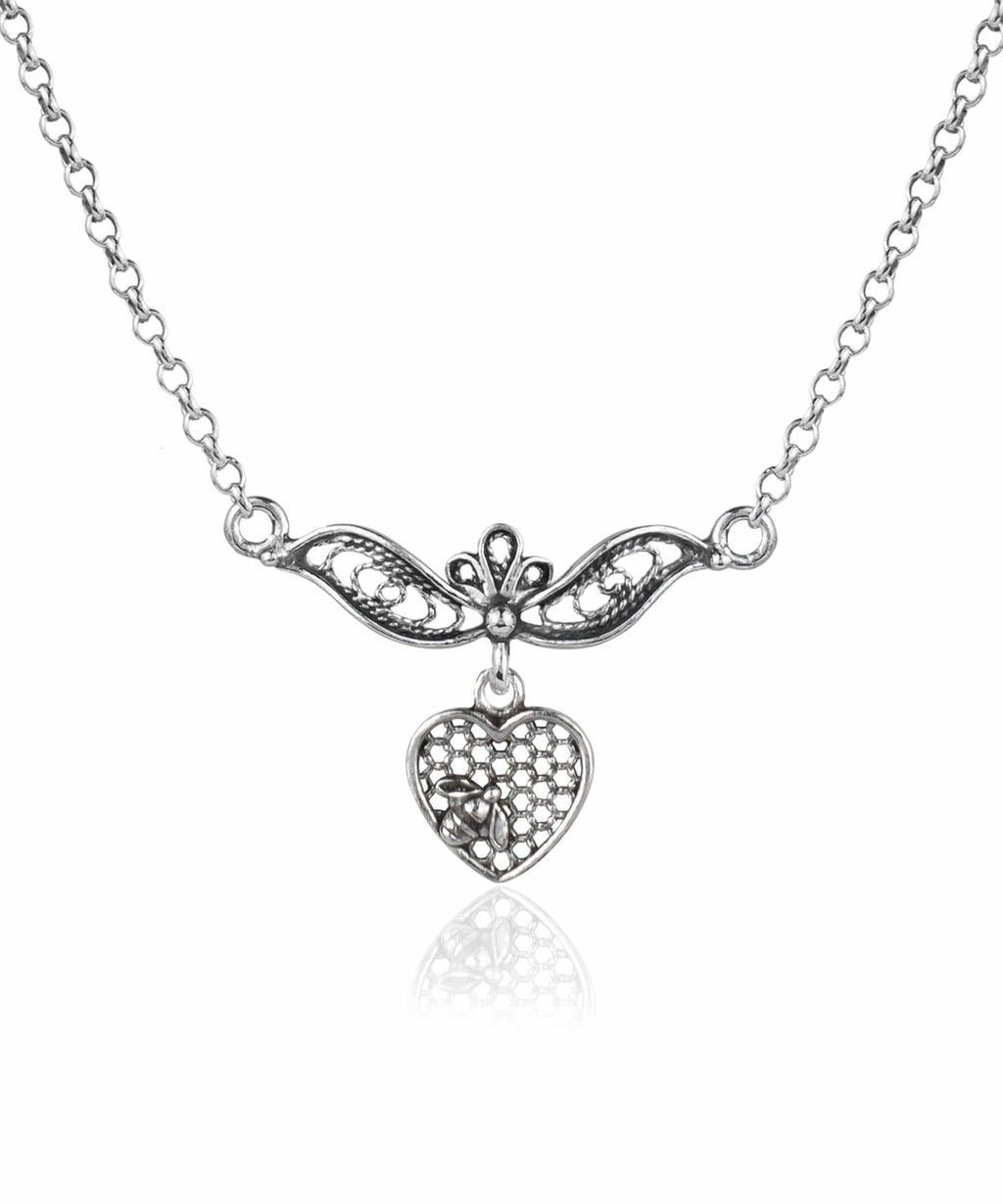 Sterling Silver Bee on the Heart Filigree Choker Necklace