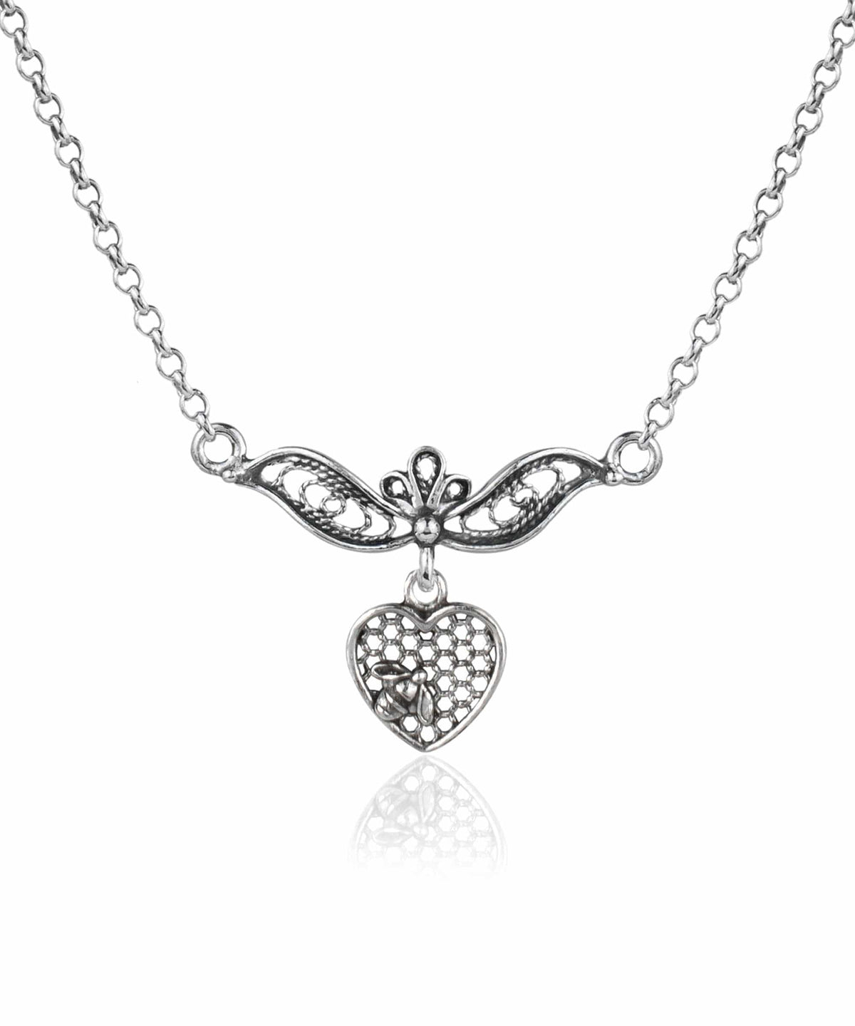 Sterling Silver Bee on the Heart Filigree Choker Necklace