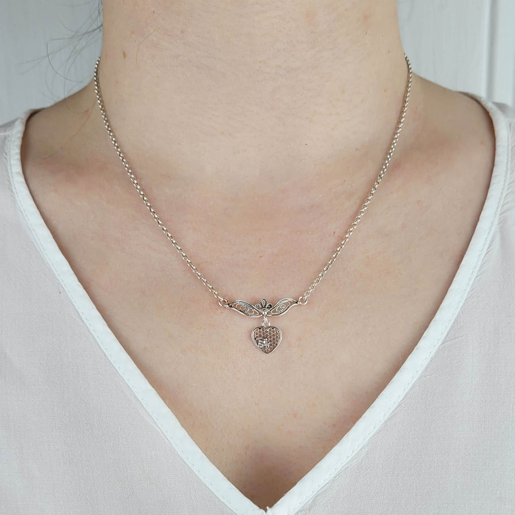 Sterling Silver Bee on the Heart Filigree Choker Necklace