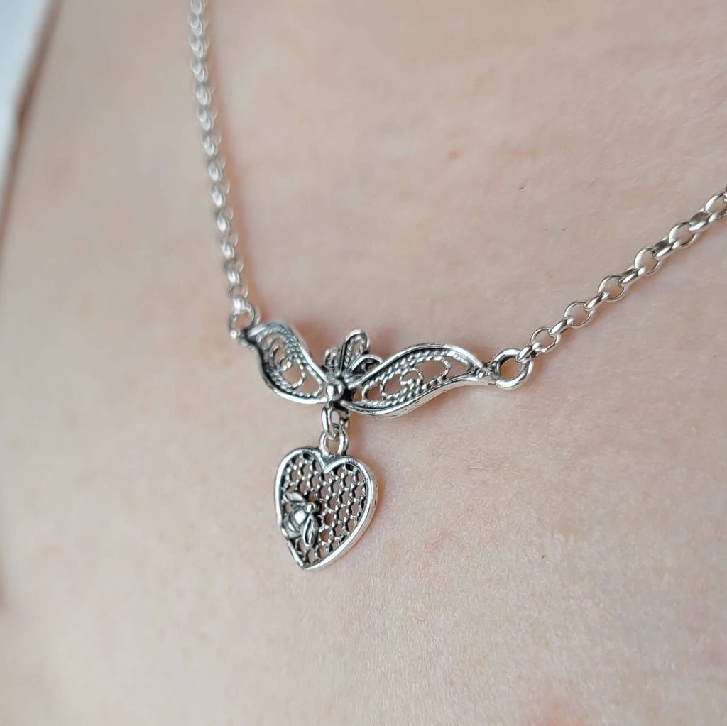 Sterling Silver Bee on the Heart Filigree Choker Necklace