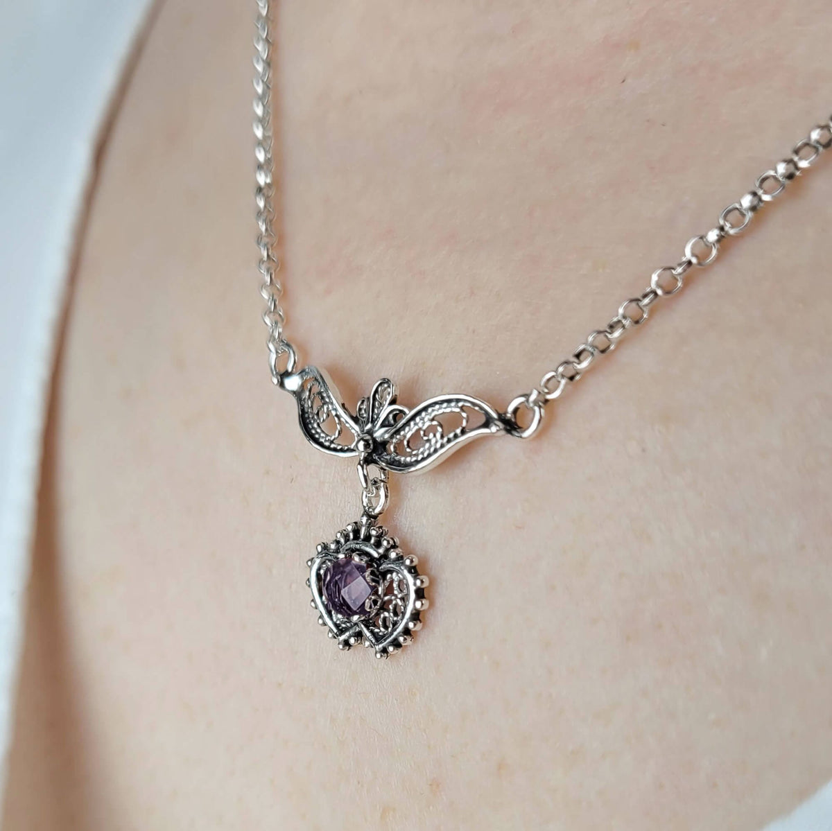 Sterling Silver Amethyst & Blue Topaz Heart-to-Heart Necklace