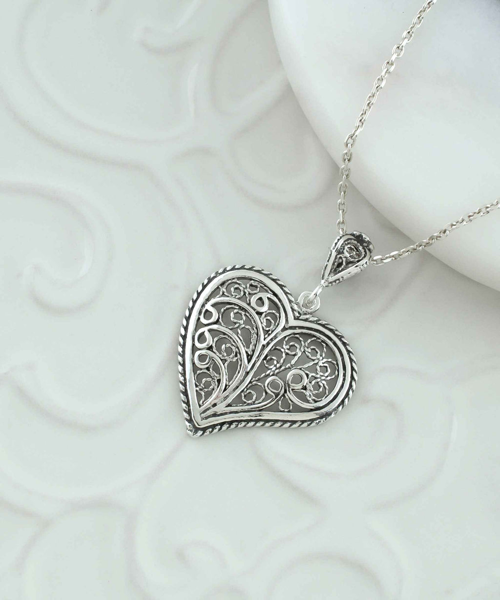 Sterling Silver Tree of Life Heart Filigree Pendant Necklace