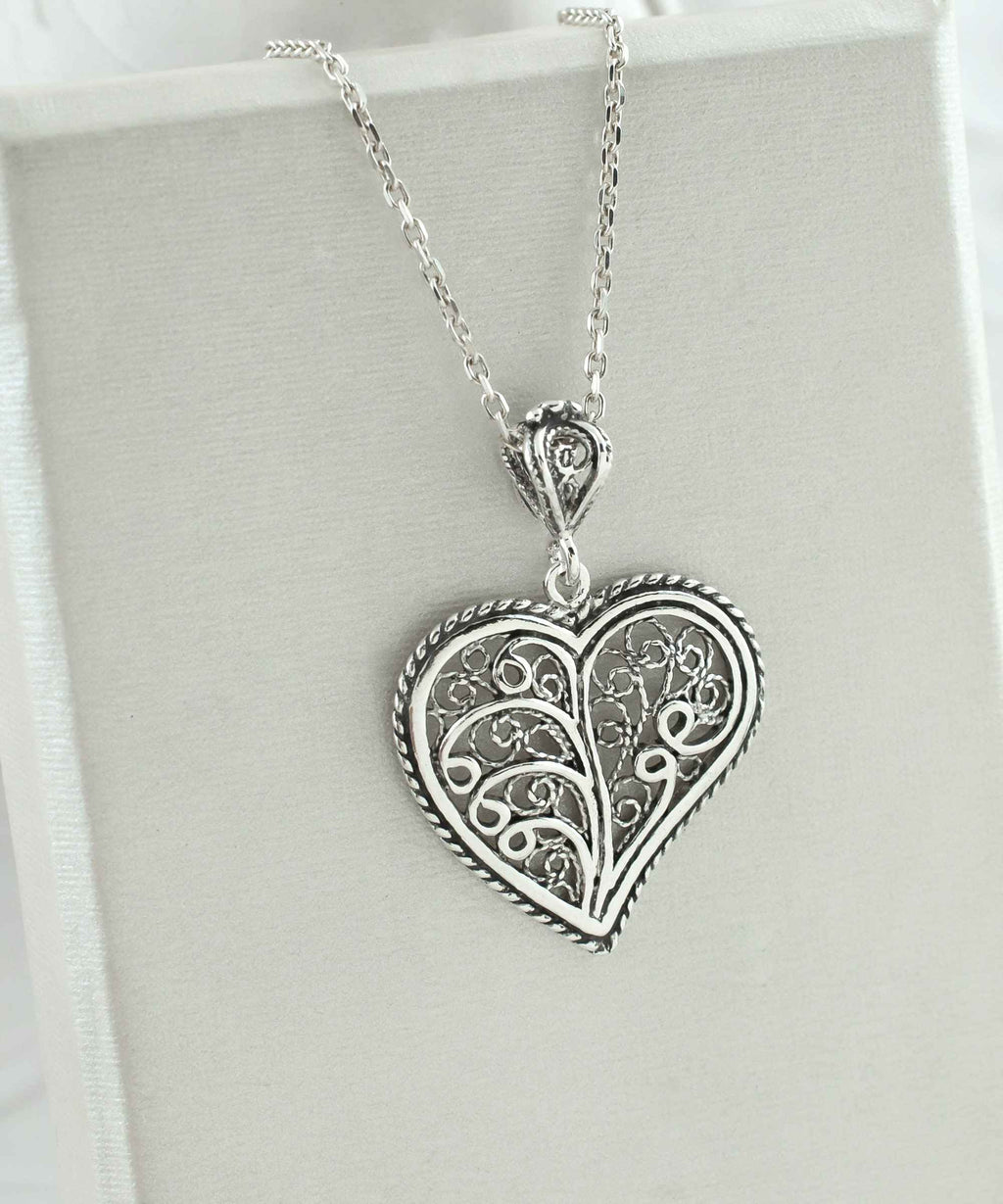 Sterling Silver Tree of Life Heart Filigree Pendant Necklace
