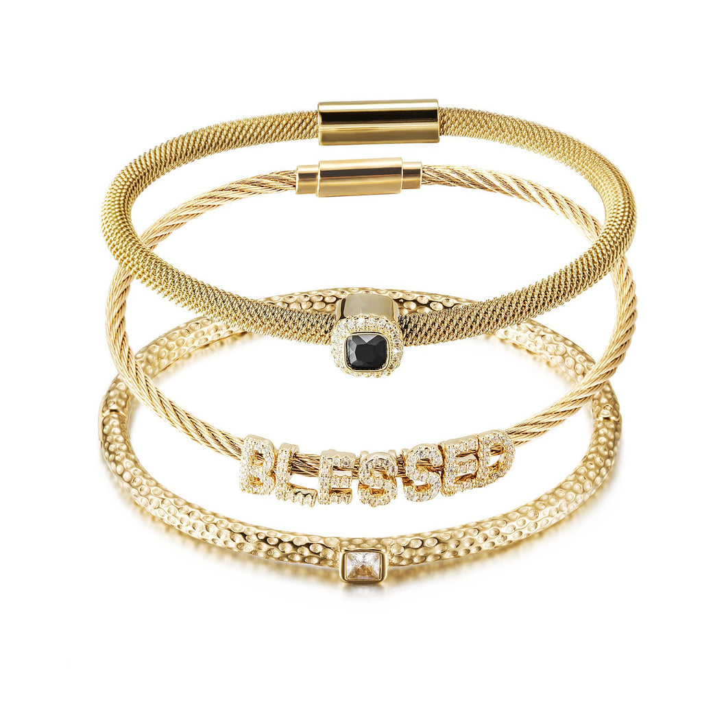 Triple Bangle Bracelet Set – “Blessed” CZ & Gold-Tone Stack