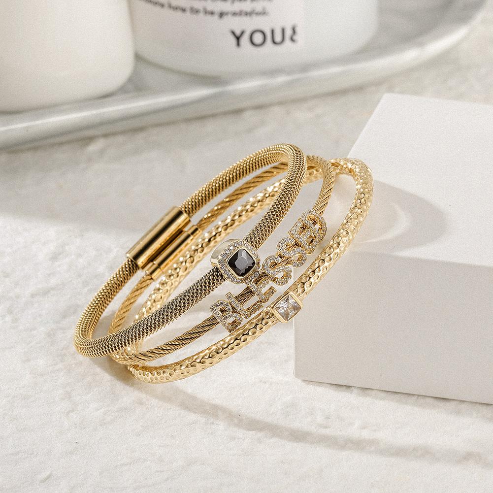 Triple Bangle Bracelet Set – “Blessed” CZ & Gold-Tone Stack
