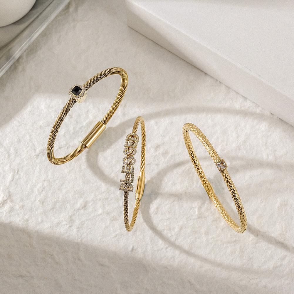 Triple Bangle Bracelet Set – “Blessed” CZ & Gold-Tone Stack