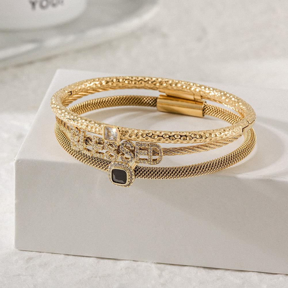 Triple Bangle Bracelet Set – “Blessed” CZ & Gold-Tone Stack