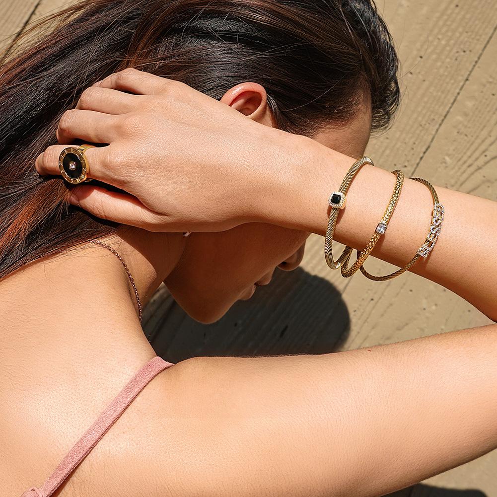 Triple Bangle Bracelet Set – “Blessed” CZ & Gold-Tone Stack