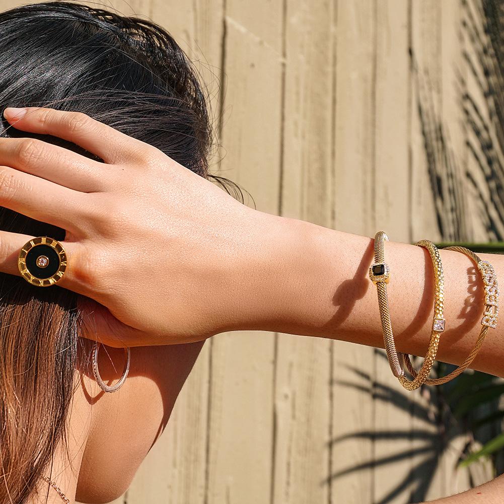 Triple Bangle Bracelet Set – “Blessed” CZ & Gold-Tone Stack