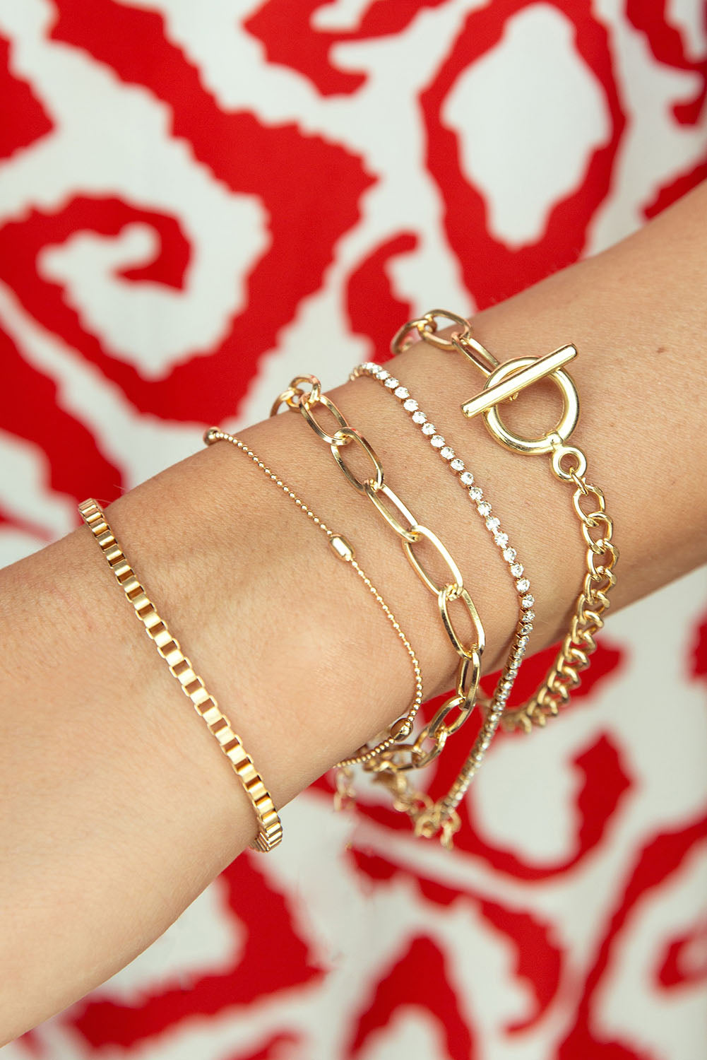 Gold Rhinestone Bracelet Set – 5 Piece Geometric Layered Stack