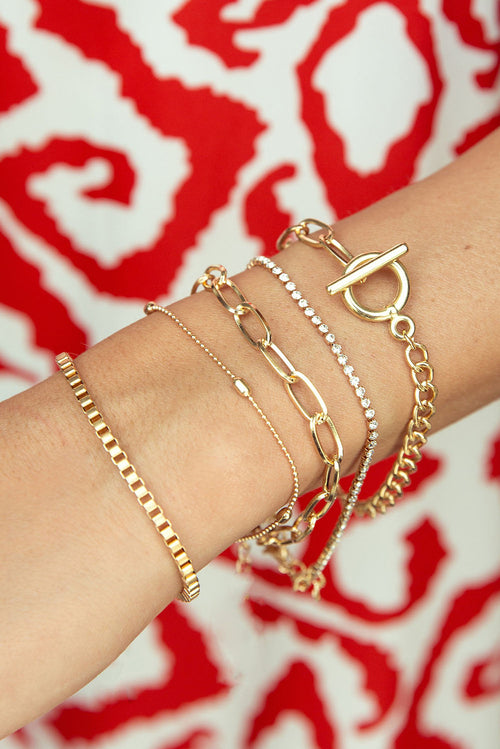 Gold Rhinestone Bracelet Set – 5 Piece Geometric Layered Stack