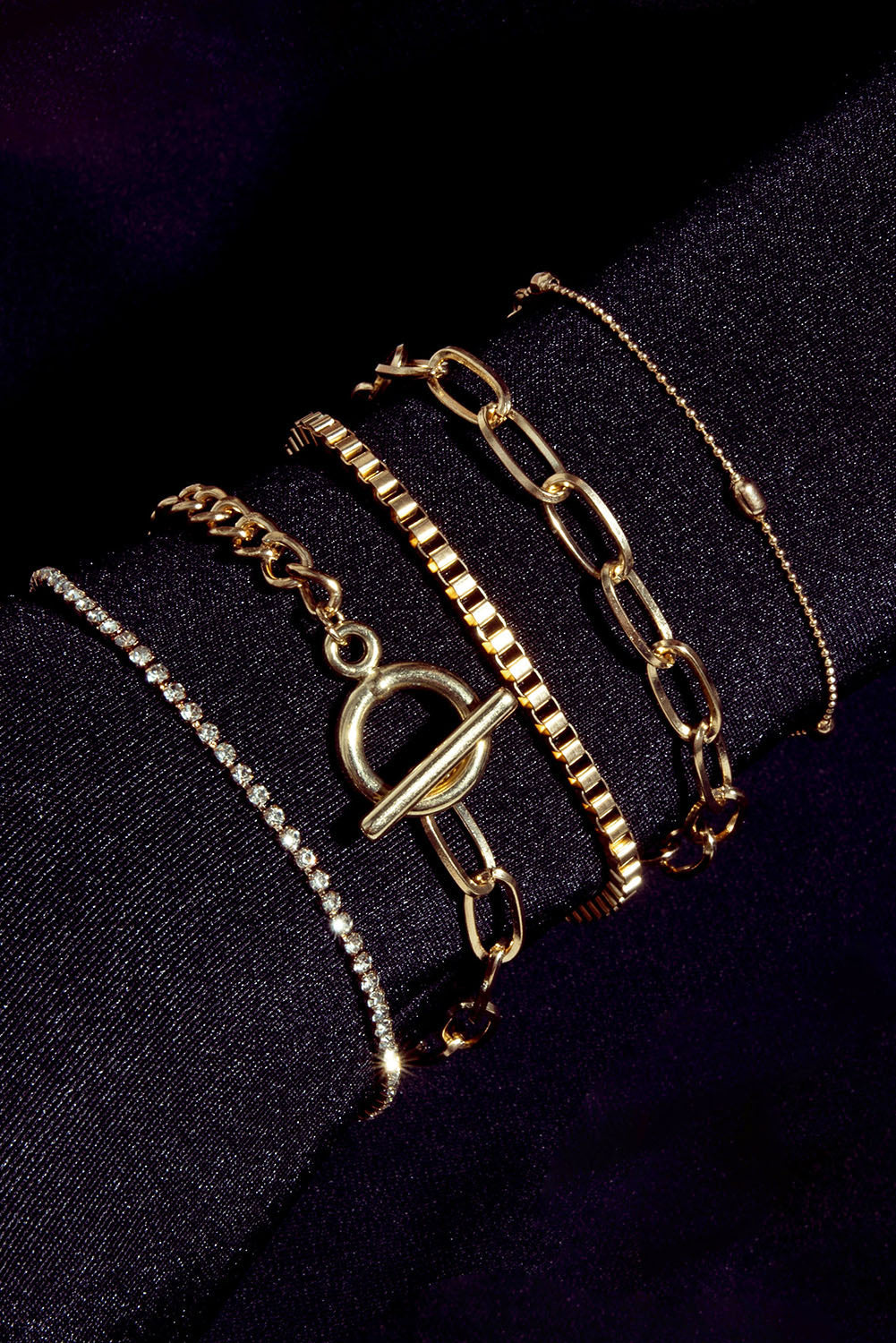 Gold Rhinestone Bracelet Set – 5 Piece Geometric Layered Stack