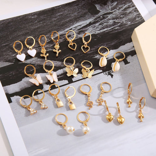 12-Pair Pearl & Charm Earrings Set – Butterfly, Mushroom & Love Designs