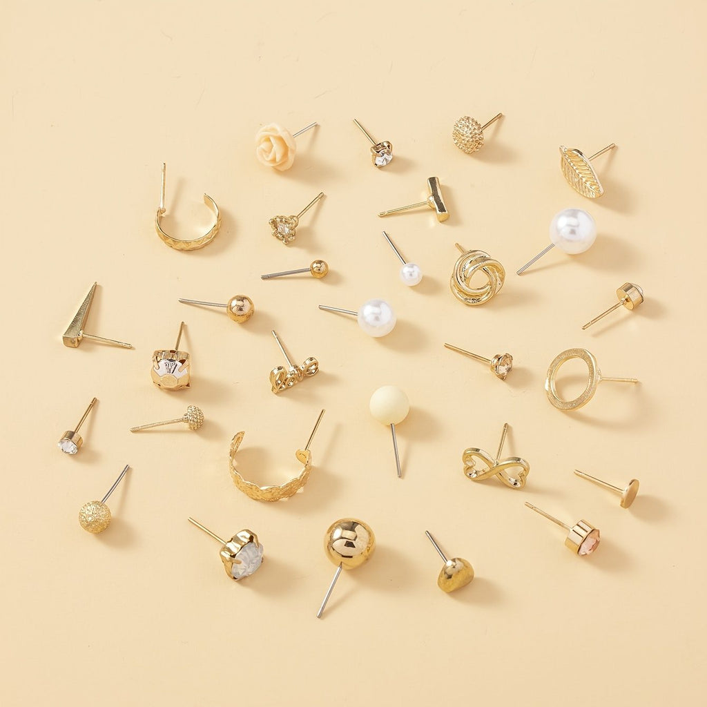 30-Pair Gold Stud & Hoop Earrings Set