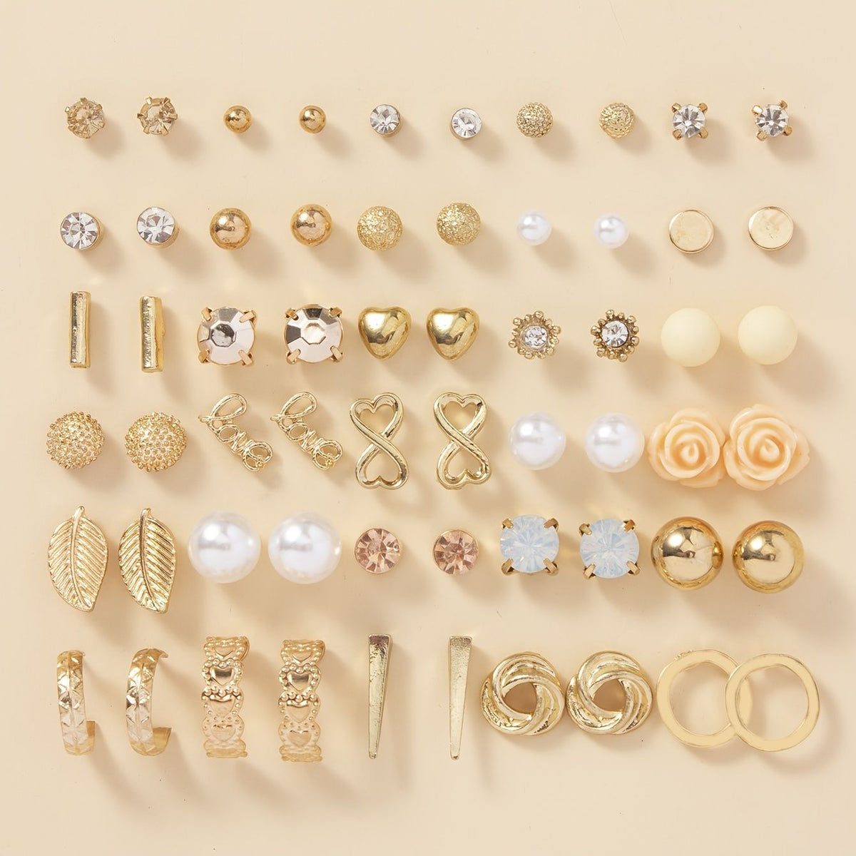 30-Pair Gold Stud & Hoop Earrings Set