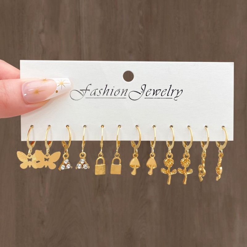 12-Pair Pearl & Charm Earrings Set – Butterfly, Mushroom & Love Designs