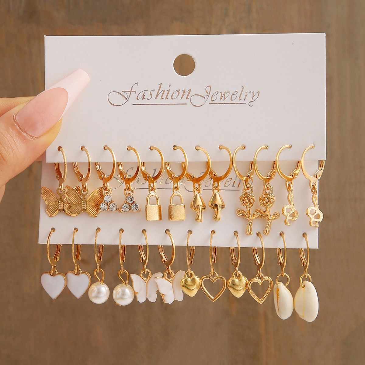 12-Pair Pearl & Charm Earrings Set – Butterfly, Mushroom & Love Designs