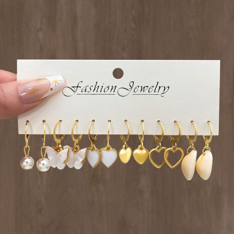 12-Pair Pearl & Charm Earrings Set – Butterfly, Mushroom & Love Designs