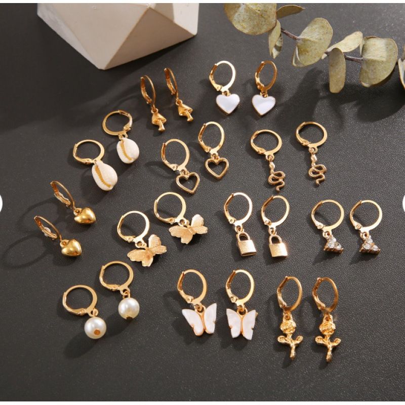 12-Pair Pearl & Charm Earrings Set – Butterfly, Mushroom & Love Designs