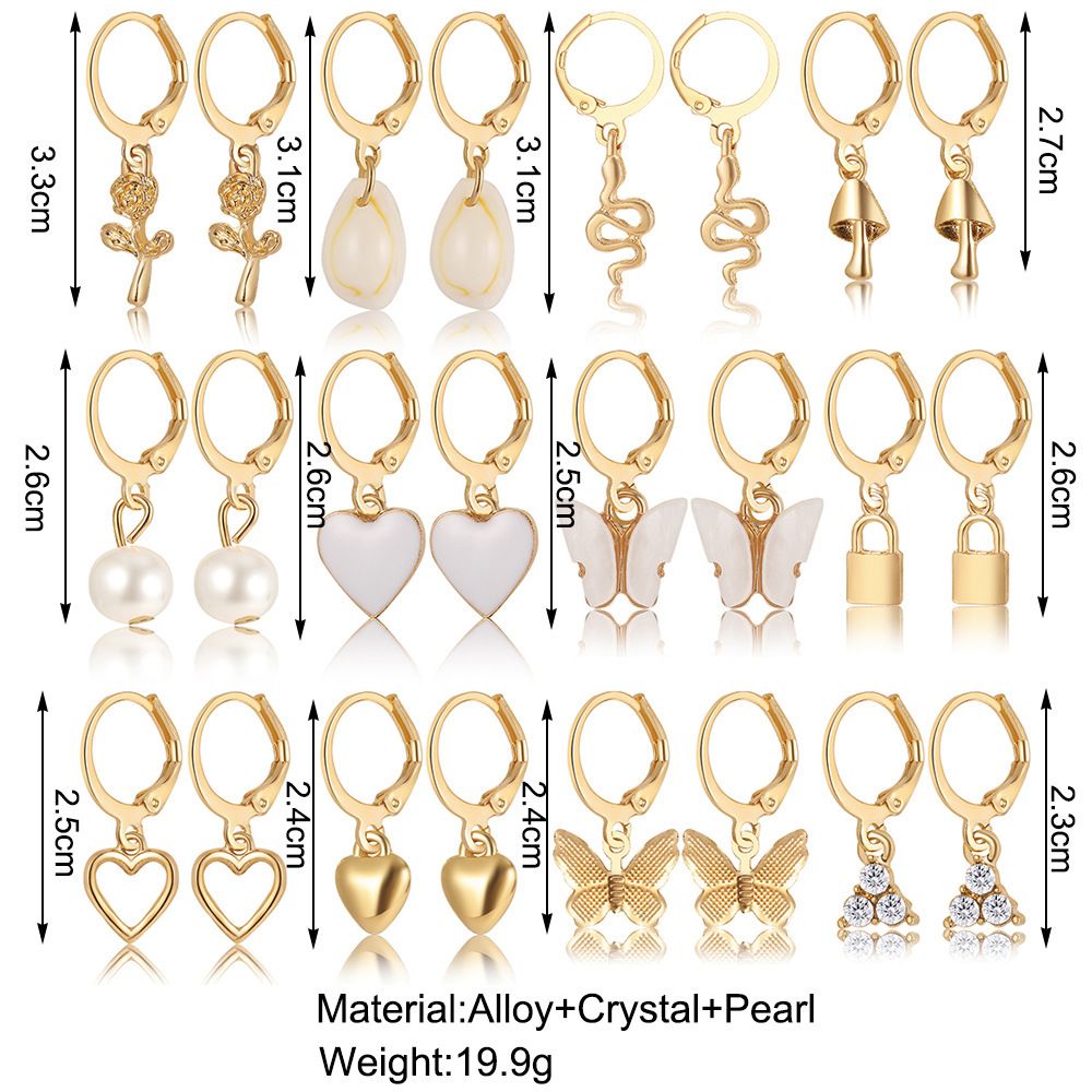 12-Pair Pearl & Charm Earrings Set – Butterfly, Mushroom & Love Designs