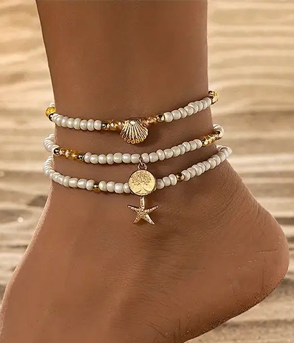 Seashell & Starfish 3-Piece Stretch Anklet Set